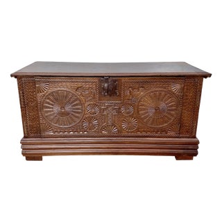 Spanish Carved Wooden Chest with Geometric and Floral Motifs, 1840 For Sale