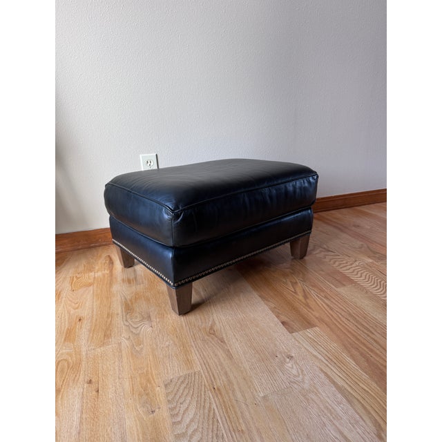 Blue Lee Industries Custom Colonnade Blue Leather Ottoman With Nailhead Trim For Sale - Image 8 of 9