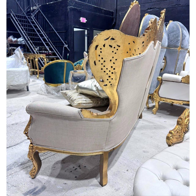 1990s Baroque Style Tan Sofa – French Design With Gold Leaf Details For Sale In Miami - Image 6 of 10