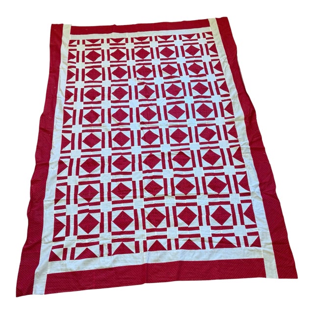 Vintage Red White Quilt Top Only Diamond Pattern 68x93 For Sale