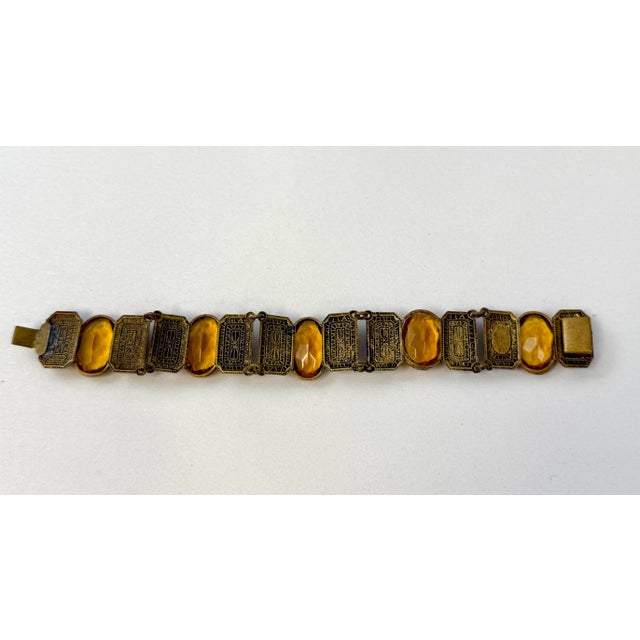 Czech Art Deco Bezel Set Citrine Amber Glass Panel Bracelet Signed Antique For Sale - Image 9 of 9