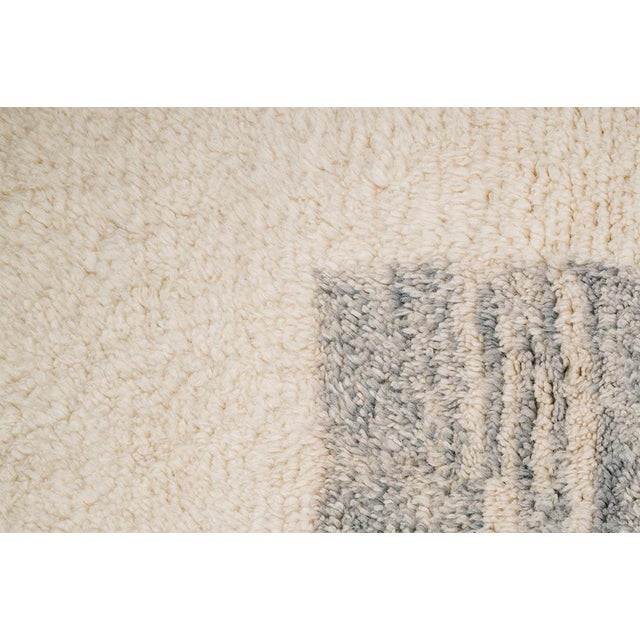 Abstract hand-knotted wool rug featuring abstract blocks in Blush Pink, Gray, and Lemon Yellow on a warm Ivory background....