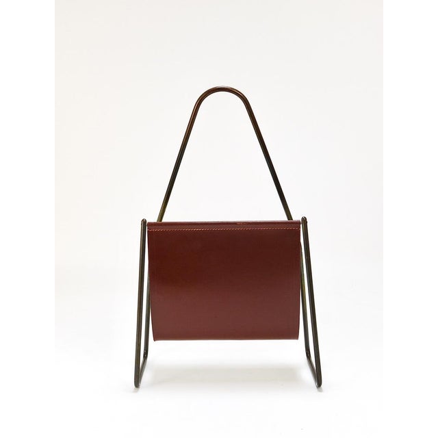 Mid-Century Magazine Rack in Brass & Brown Leather attributed to Carl Auböck, Austria, 1950s For Sale - Image 14 of 18