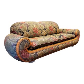 Vivai Del Sud Rattan Trim Sofa With Floral Tapestry Fabric, Italy, 1970s For Sale