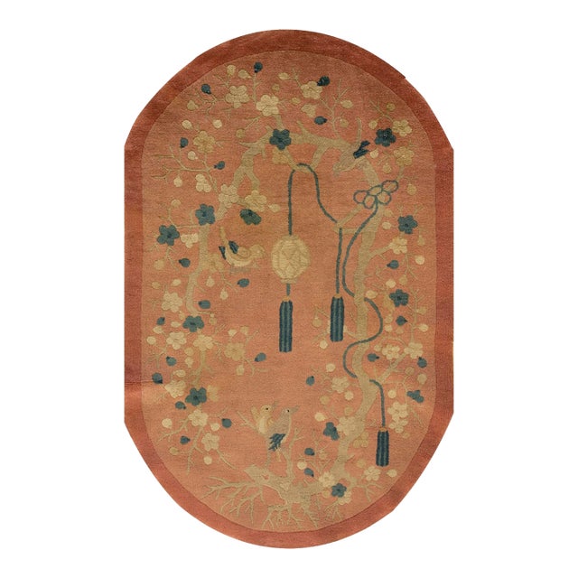 Beautiful Round Orange Salmon Color With Foliate Patterns Antique Chinese Art Deco Rug For Sale