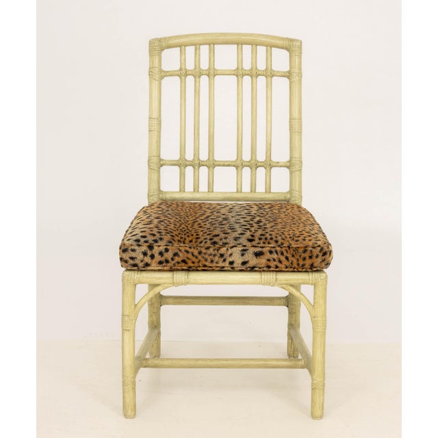 Modern Green Painted Faux Bamboo Side Chair, with leopard print upholstered cushion. 34.5" H x 20" W x 19" D; 17.5" H....