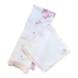 Mid 20th Century Pink Floral Embroidered Napkins and Tablecloth Set - 12 Pieces