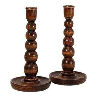 19th Century English Oak Bobbin Candlesticks For Sale