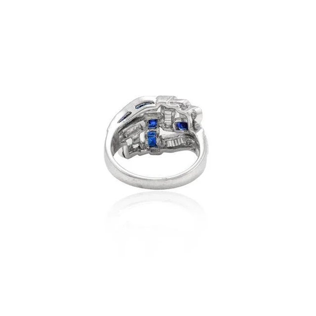 Art Deco 1.3ct Blue Sapphire and Diamond Cocktail Ring in 18k White Gold Size 7 For Sale In New York - Image 6 of 13