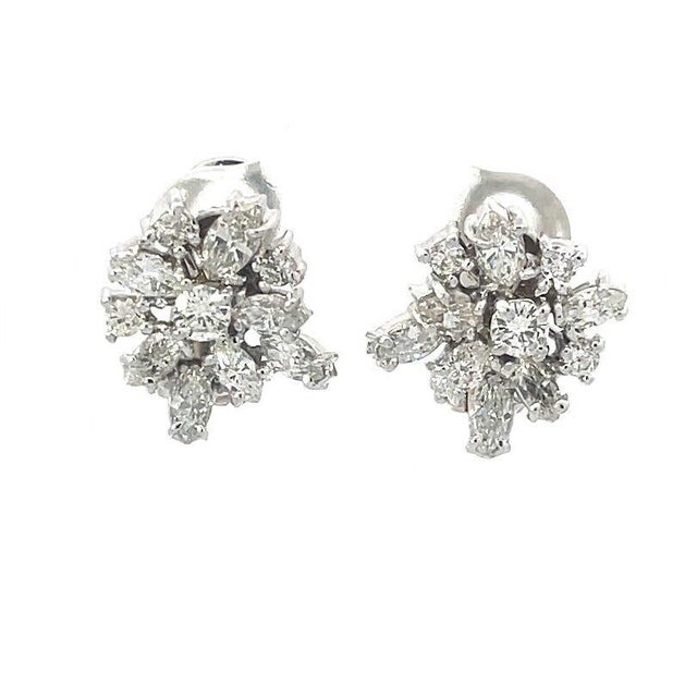 Late 20th Century Friedman Diamond Gold Cluster Earrings 18k White Marquise and Round Cut, 2 pieces For Sale - Image 5 of 9
