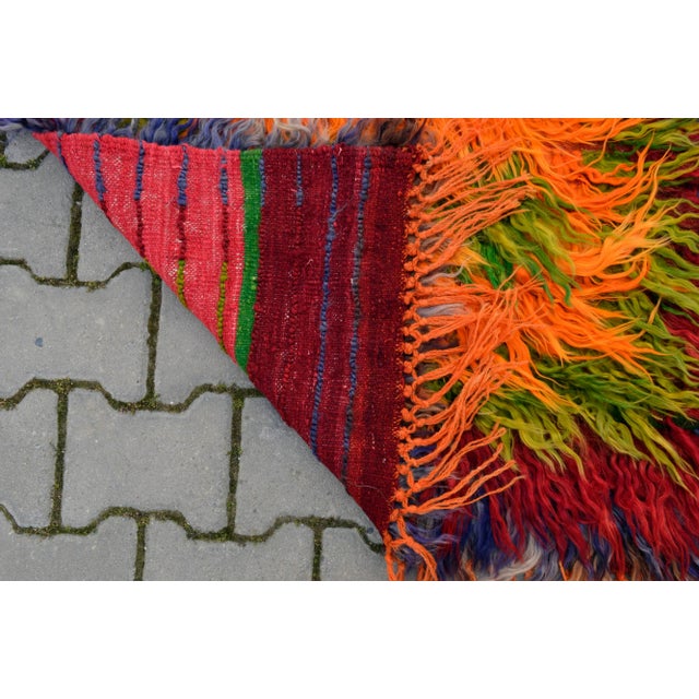 Burnt Orange Turkish Hand-Knotted Shaggy Rug Mohair Wool Tulu Rug - 2′9″ × 3′11″ For Sale - Image 8 of 11
