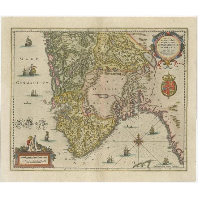 Antique map titled 'Nova et Accurata Tabula Episcopatuum Stavangriensis et Asloiensis'. Old map of the southern part of...