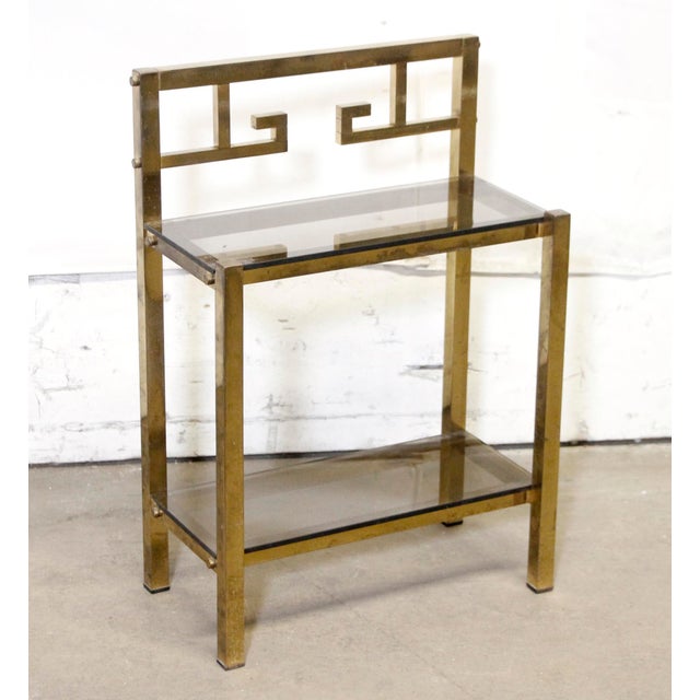 Art Deco Mid 20th Century Pair of Brass & Smoked Glass Art Deco Sofa End Tables For Sale - Image 3 of 11