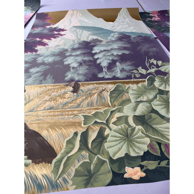 Landscape Panoramic Murals Hand Painted Wallpaper on Gold Metallic Panel - 5 Panels For Sale - Image 4 of 6