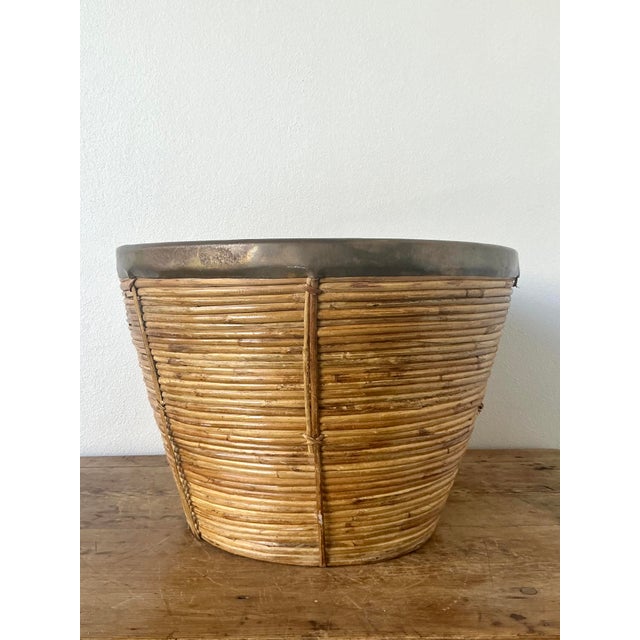 Late 20th Century Vintage Boho Monumental Brass Rimmed Pencil Reed Bowl For Sale - Image 5 of 12