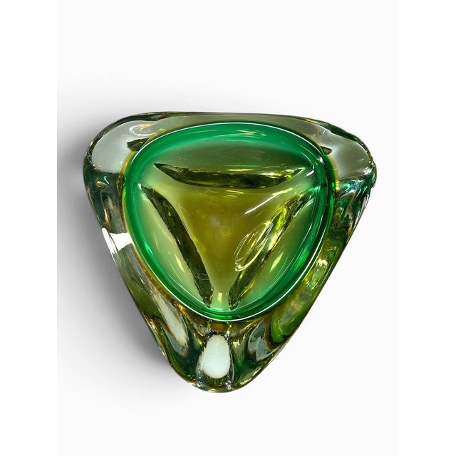 Triangular Murano sommerso uranium glass bowl, green and yellow shades. Uranium glass is heated inside the glass and under...