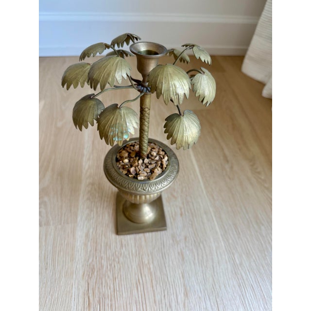 Vintage Heavy Brass Palm Tree Candlesticks in Urn Bases – Set of Three – Circa 1970s For Sale - Image 4 of 8