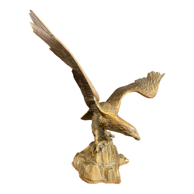 Vintage Brass Eagle Landing on Rock Sculpture For Sale