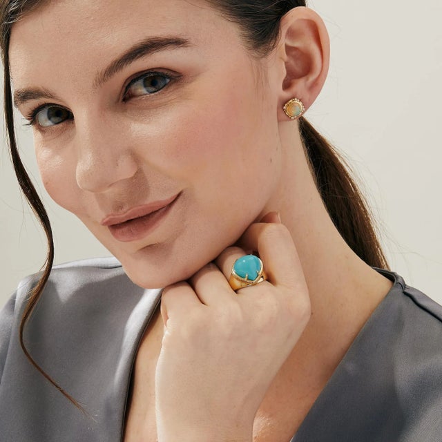 Contemporary Syna Sleeping Beauty Turquoise Yellow Gold Ring with Diamonds For Sale - Image 3 of 5