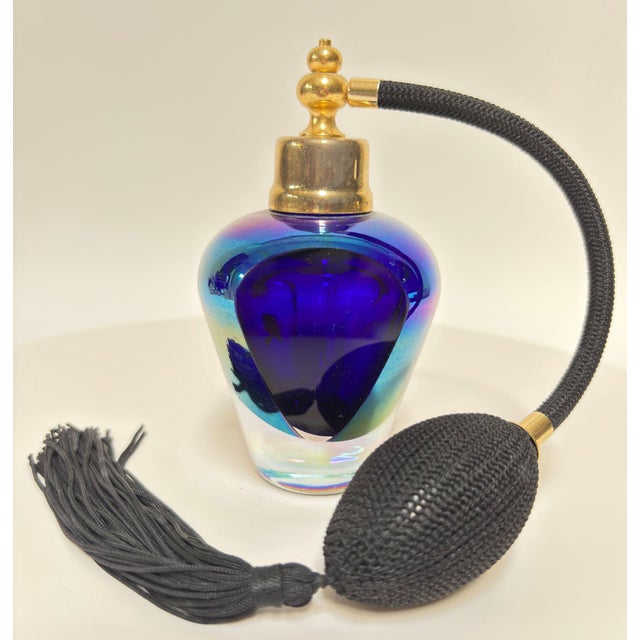 Iridescent Cobalt and Amethyst Art Glass Perfume Atomizer Faceted Crystal 1980 For Sale - Image 17 of 18