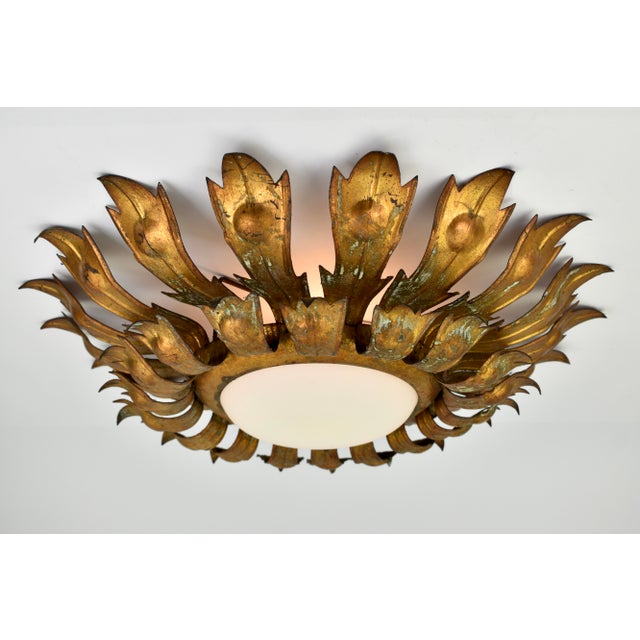 1950s Mid Century Gilded Spanish Sunburst Flush Mount With Green Patina For Sale - Image 9 of 13