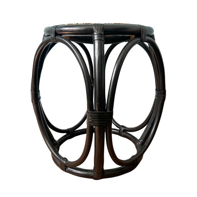 Black Vintage Black Rattan & Woven Cane Low Stool / Side Table / Plant Stand – British Colonial / Boho For Sale - Image 8 of 11