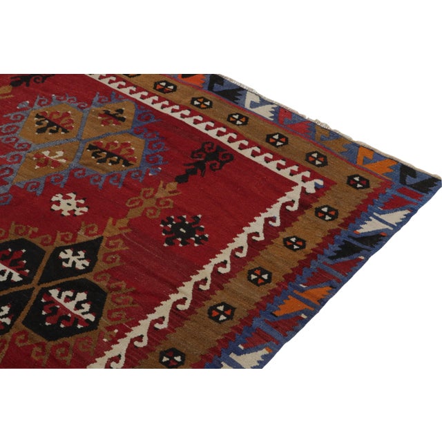 1950s Handwoven Vintage Tribal Kilim in Red With Blue and Brown Geometric Patterns For Sale - Image 5 of 7