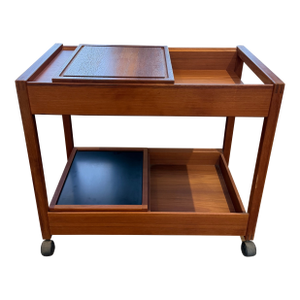 1960s Mid-Century Danish Teak Bar Cart / Serving Cart With Sliding Top & Pull-Out Tray