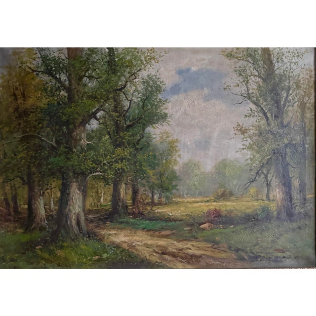 Landscape painting depicting a tree-lined path opening into a clearing, rendered in natural greens and earth tones beneath...