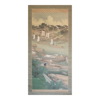 XXL "Fishing Village" by Yoshika, Taisho Japanese Silk Scroll Painting, in Original Wooden Case For Sale