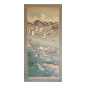 XXL "Fishing Village" by Yoshika, Taisho Japanese Silk Scroll Painting, in Original Wooden Case
