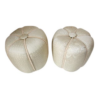 Contemporary Little Pouf in Blue and Brown Upholstered Round Stools - A Pair For Sale
