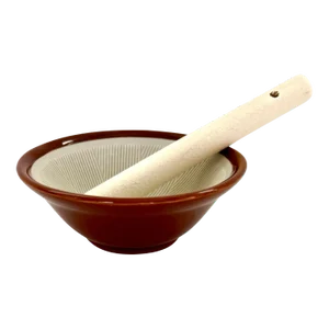90s Japanese Ceramic Brown Mino Ware Small Mortar Wood Pestle