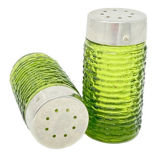 1960s Anchor Hocking Soreno Glass Salt and Pepper Shakers in Avocado Green- a Pair For Sale