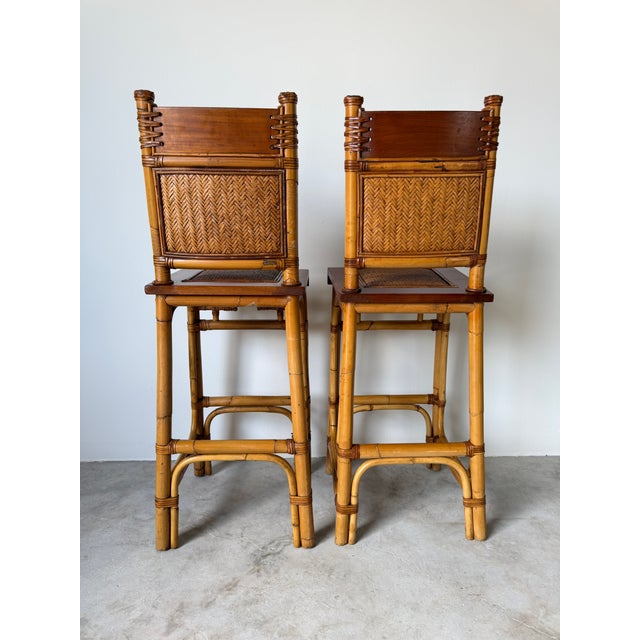 Wood Vintage Coastal Organic Bamboo & Rattan With Leather Wrapped Bar Stools - A Pair For Sale - Image 7 of 13