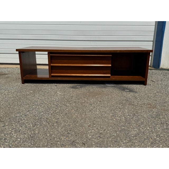 Mid-Century Modern Walnut Low Coffee Table/Media Console With Sliding Doors For Sale - Image 4 of 12