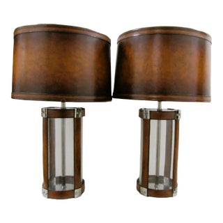 Matched Pair Large Glass and Leather Hurricane Lantern Table Lamps in the Style of Ralph Lauren For Sale
