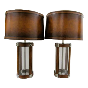 Matched Pair Large Glass and Leather Hurricane Lantern Table Lamps in the Style of Ralph Lauren