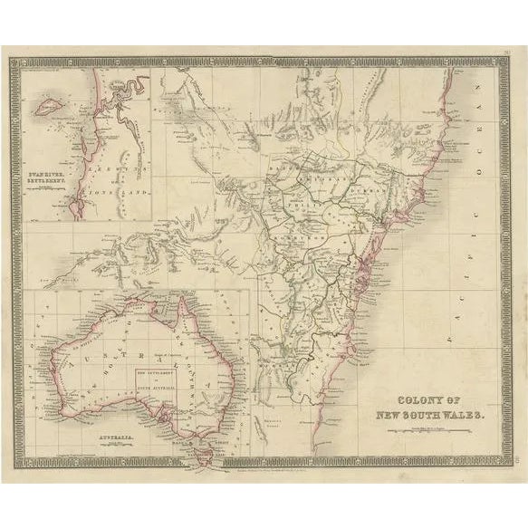 Antique Map of New South Wales with Inset Maps of Australia and Swan River, 1854 For Sale