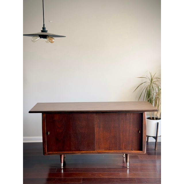 Vintage American Mid Century Modern Walnut Credenza, Sliding Door Sideboard, Media Console, Tv Stand & Record Cabinet For Sale - Image 11 of 11