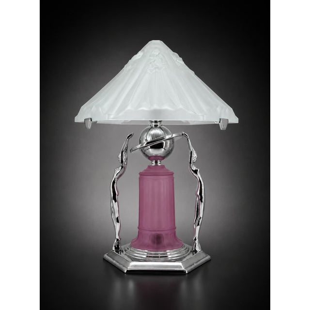 1980s Art Deco Frankart Style Chrome Table Lamp Pink Vianne Frosted Glass Nude Lady For Sale - Image 18 of 18
