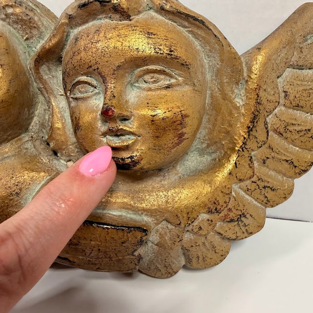 Vintage Gold Cherub Angel Wall Plaque Double Winged Putti Relief Sculpture 10in For Sale - Image 12 of 13