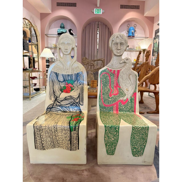 An absolutely spectacular pair of vintage figural "Chairacter" chairs, by Altina Schinasi, c.1970's. The woman chair...