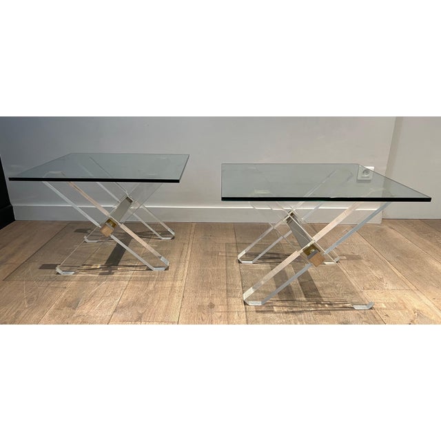 Mid-Century Modern 1970s X Side Tables in Lucite and Chrome With Glass Shelves on Top - a Pair For Sale - Image 3 of 12