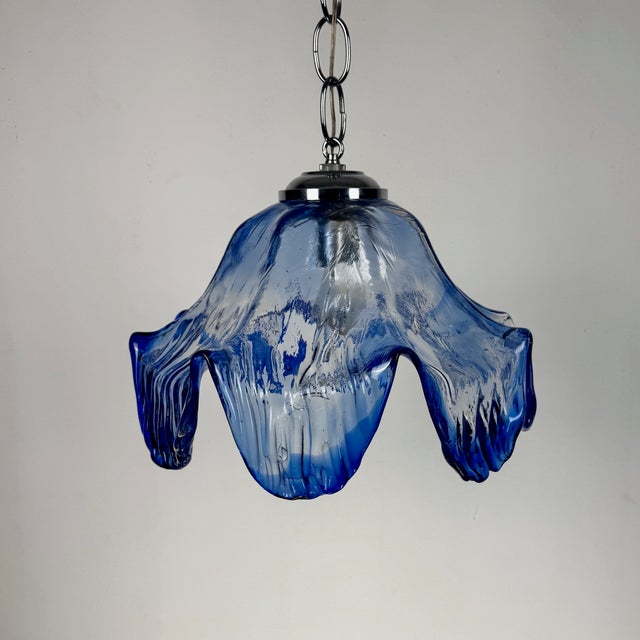Metal Mid-Century Blue Murano Glass Pendant Lamp in the style of Mazzega, Italy, 1970s For Sale - Image 7 of 11