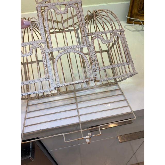 Shabby Chic Taj Mahal Style Vintage Distressed White Metal Birdcage With Hanging Chain For Sale - Image 3 of 17