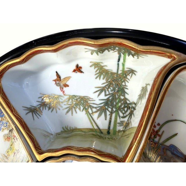 Vintage Japanese Porcelain 7-Pc Lazy Susan Sweet Meat Set Birds Flowers Gold For Sale In Dallas - Image 6 of 13