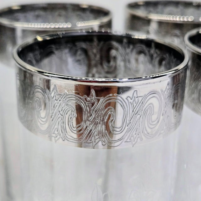 Metal Vintage Etched Floral Highball Glasses With Silver Overlay Scroll Rims and Bubble Bases, Set of 8 For Sale - Image 7 of 11