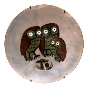 1960s Hand Crafted Enamel Owl Plate by Annemarie Davidson Sierra Madre, Ca