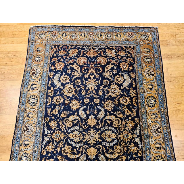 Antique Persian Tabriz Rug, Hand-Knotted Wool & Silk, Allover Floral Pattern, Navy & Tan, 6x10 For Sale In Chicago - Image 6 of 13